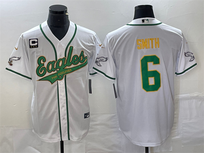 Men's Philadelphia Eagles #6 DeVonta Smith White Gold With C Patch Cool Base Stitched Baseball Jersey - Click Image to Close